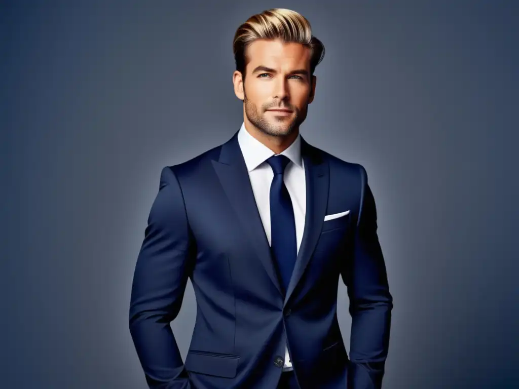 Hombre moderno y elegante en traje azul, reflejando estilo y confianza (+ Guía para reflejar estilo masculino en fotos)