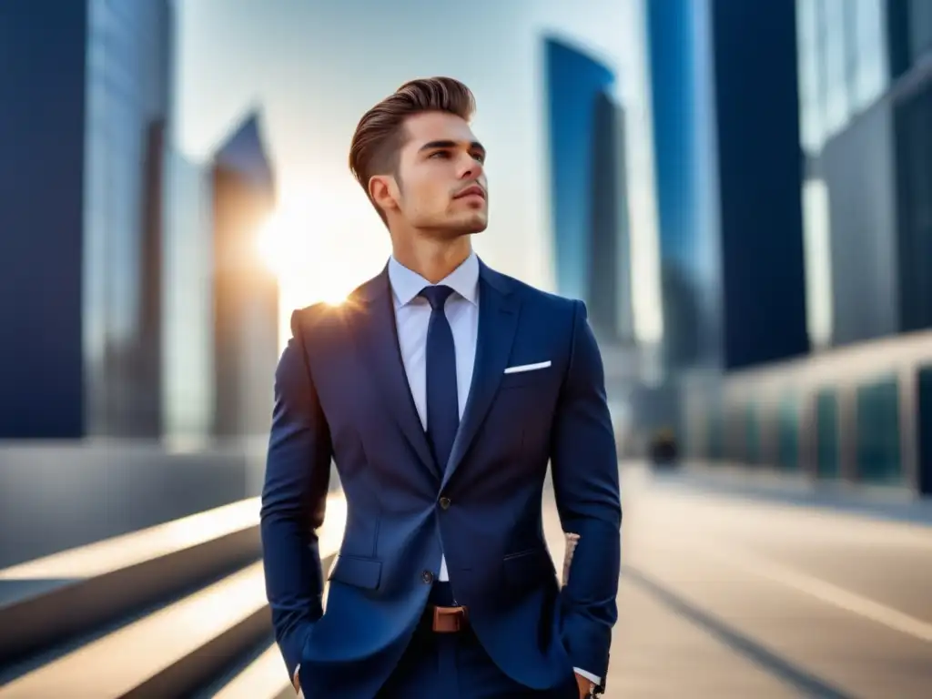 Hombre seguro y elegante en traje azul frente a la ciudad (Fotografía de estilo masculino: técnicas para capturar la esencia)