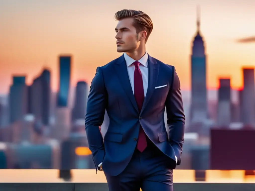 Hombre elegante en traje azul, ciudad dorada