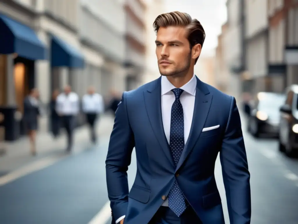 Un modelo masculino con traje azul marino y tendencias de moda masculina globales camina confiado por una calle urbana