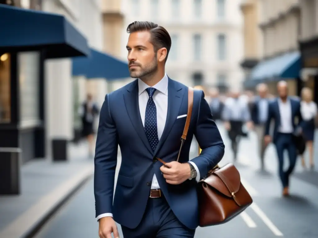 Elegante hombre en traje azul caminando por la ciudad Hombre elegante en traje azul camina con estilo por ciudad moderna: Tendencias moda masculina viajes ciudad