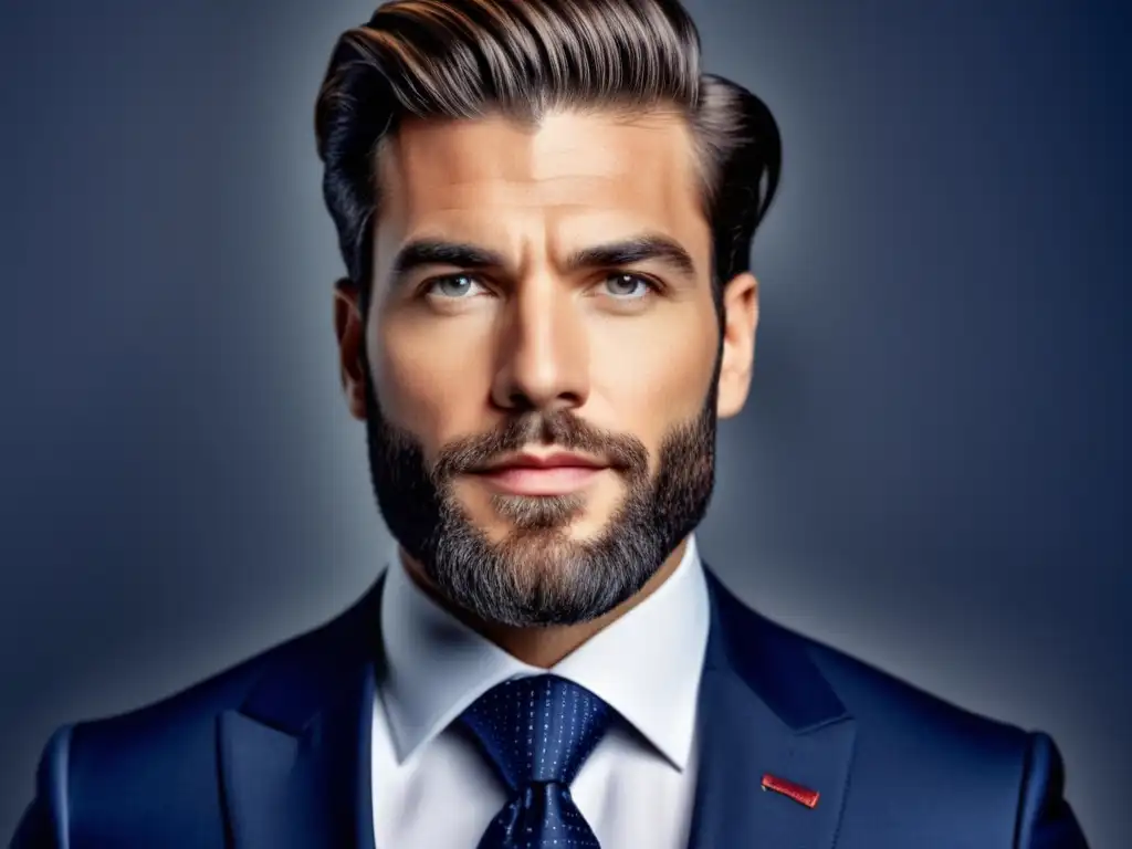 Hombre elegante con traje azul, camisa blanca y corbata de seda