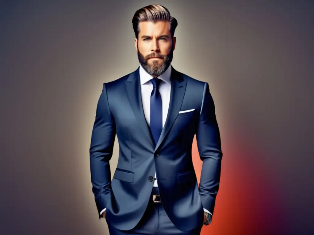 Hombre elegante en traje bien ajustado, con barba y cabello arreglados