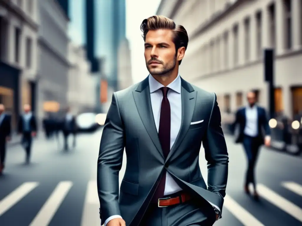 Hombre elegante en traje de calidad, transmitiendo confianza y autoestima en la ciudad - Crear estilo masculino autoestima