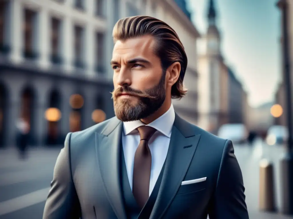 Hombre elegante en traje en ciudad europea, reflejando tendencias moda masculina Europa