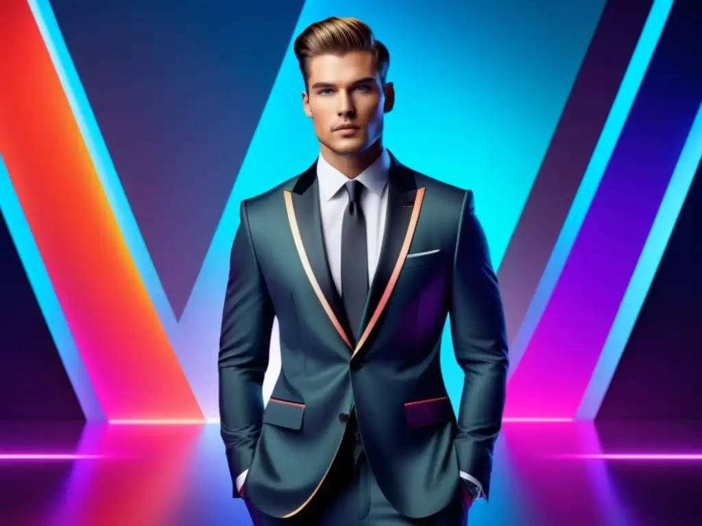 Modelo masculino con traje elegante y fondo digital, representando la moda masculina y estrategias de branding