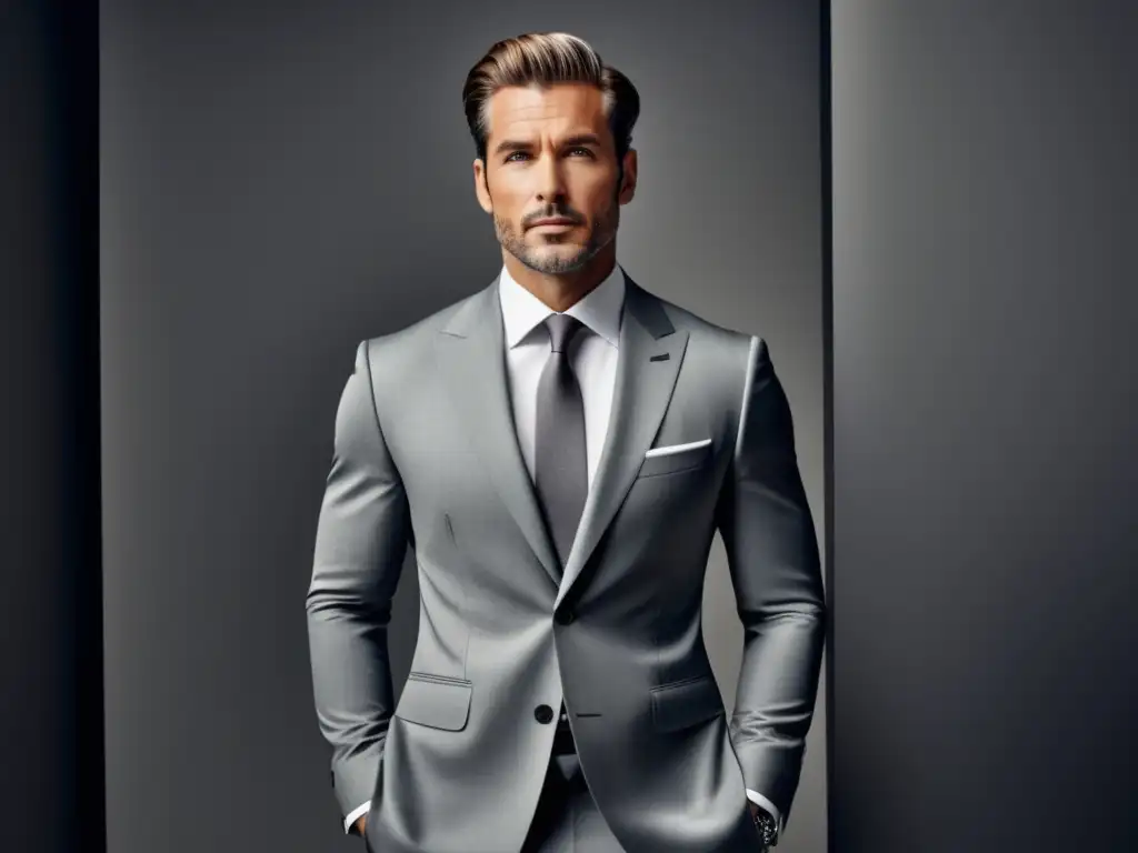 Influencia del gris en moda masculina: Hombre moderno, elegante y sofisticado en traje perfectamente ajustado, destacando postura y estilo