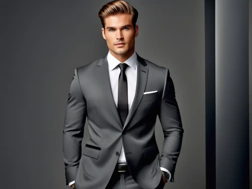 Elegante modelo masculino en traje gris carbón ajustado, con camisa blanca y corbata negra