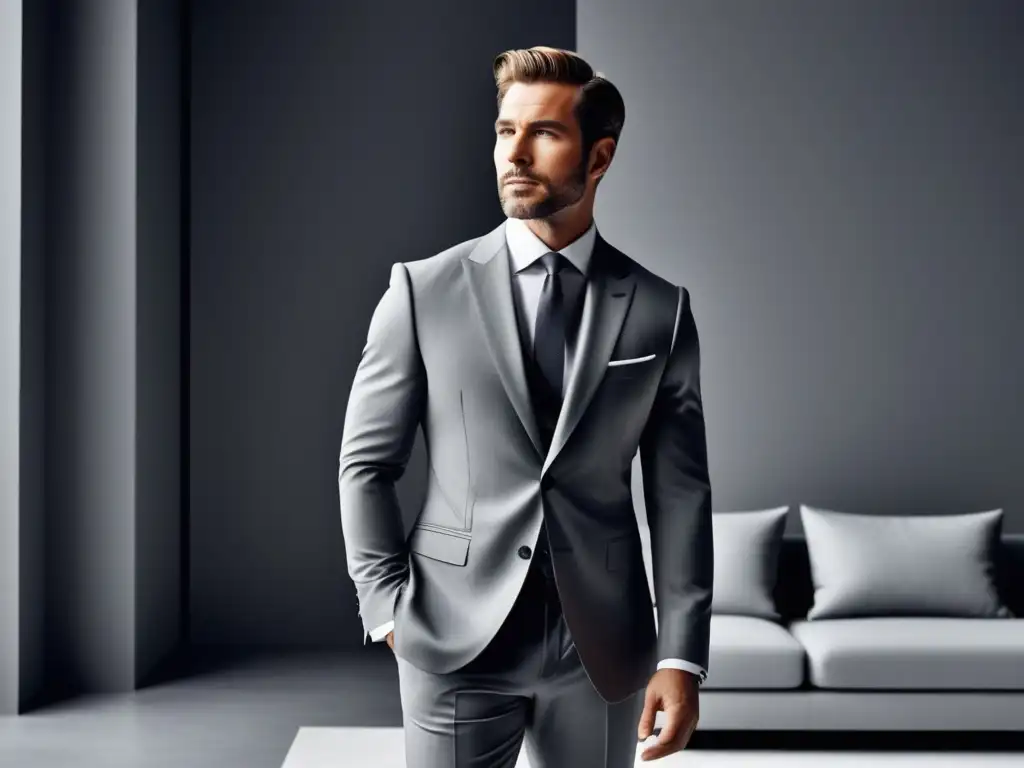 Hombre elegante en traje gris, simbolizando el impacto psicológico del color en moda masculina