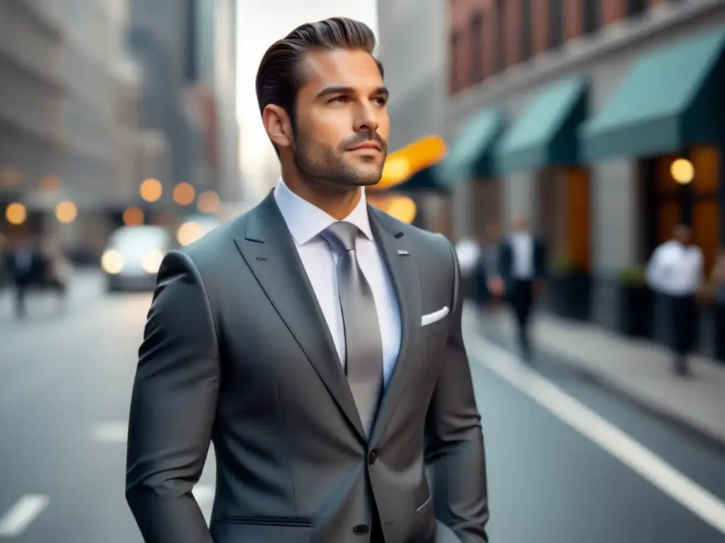 Importancia diseño prendas masculinas: hombre elegante en ciudad moderna