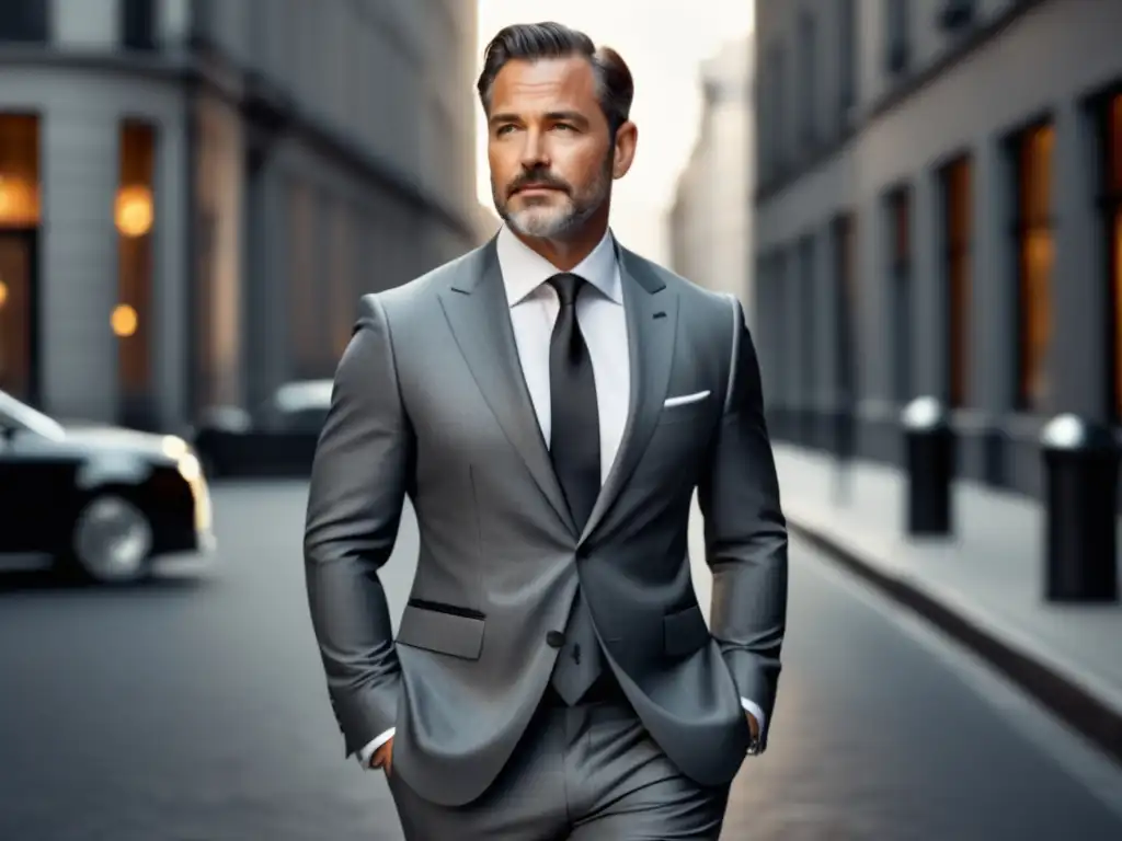 Tendencias moda masculina Roger Moore: Elegante caballero en traje gris oscuro, con camisa blanca y corbata negra, en una ciudad moderna