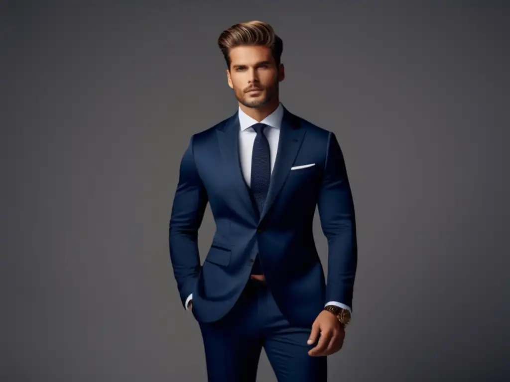 Fotografía de moda masculina: modelo elegante en traje, fondo minimalista, detalle impecable, iluminación profesional