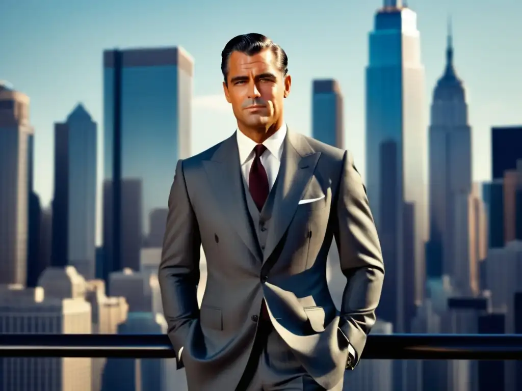 Consejos estilo masculino Cary Grant: hombre elegante en traje, ciudad moderna y confianza