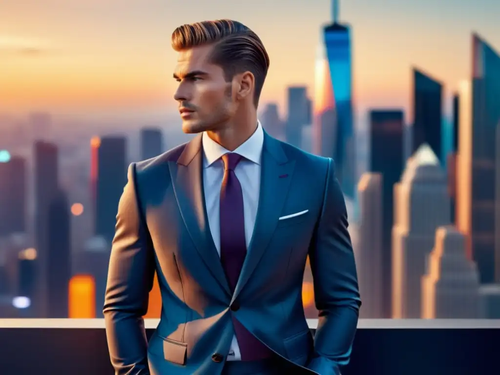 Tendencias publicidad moda masculina: Modelo elegante y sofisticado en un traje moderno, destacando en una vibrante ciudad