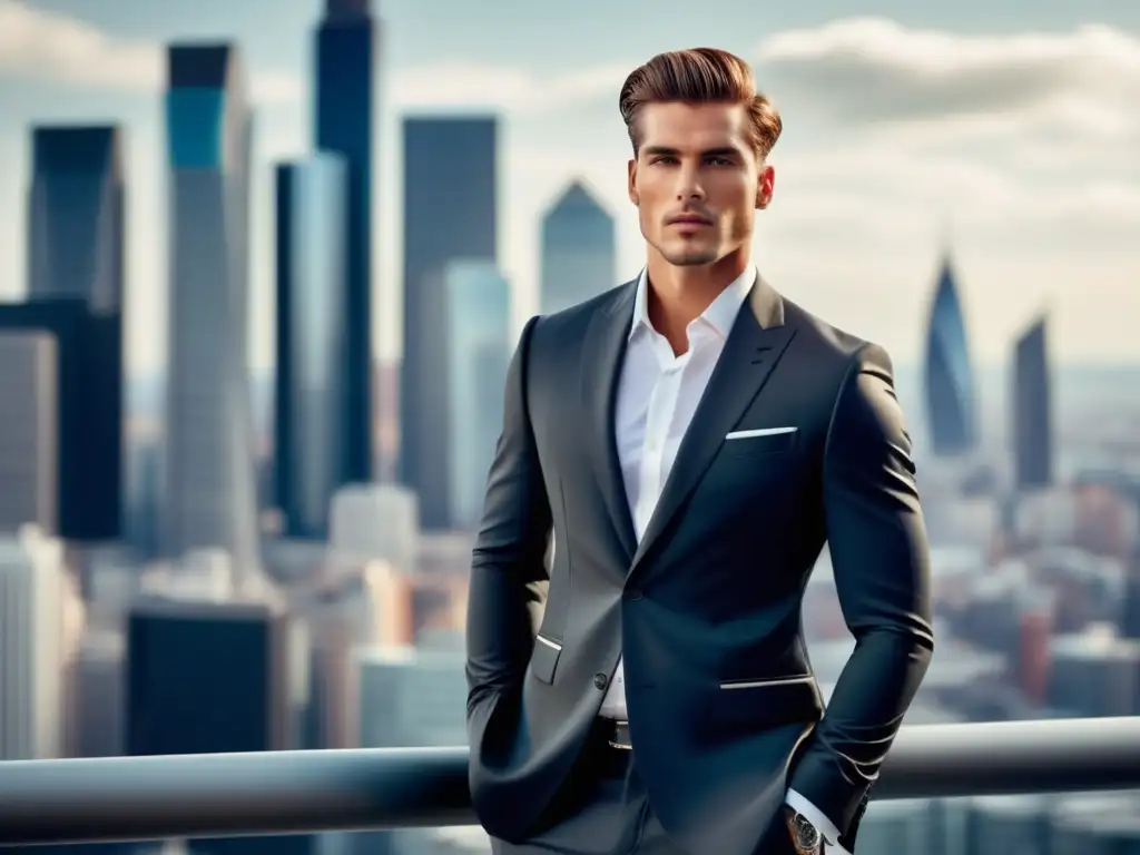 Posicionamiento en moda masculina efectivo: modelo elegante en traje con paisaje urbano