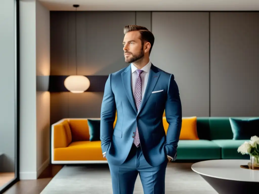 Consejos de moda para autoestima: hombre elegante en habitación iluminada con muebles contemporáneos y toques de color