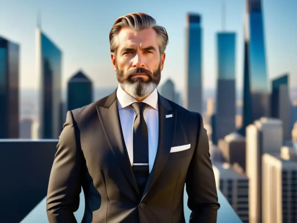 Tendencias moda masculina madura: hombre elegante en traje negro frente a ciudad moderna