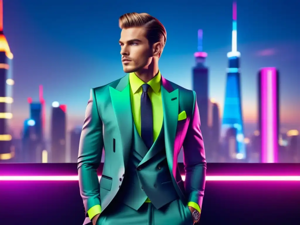 Hombre elegante, traje moderno, ciudad futurista, tendencias moda belleza masculina