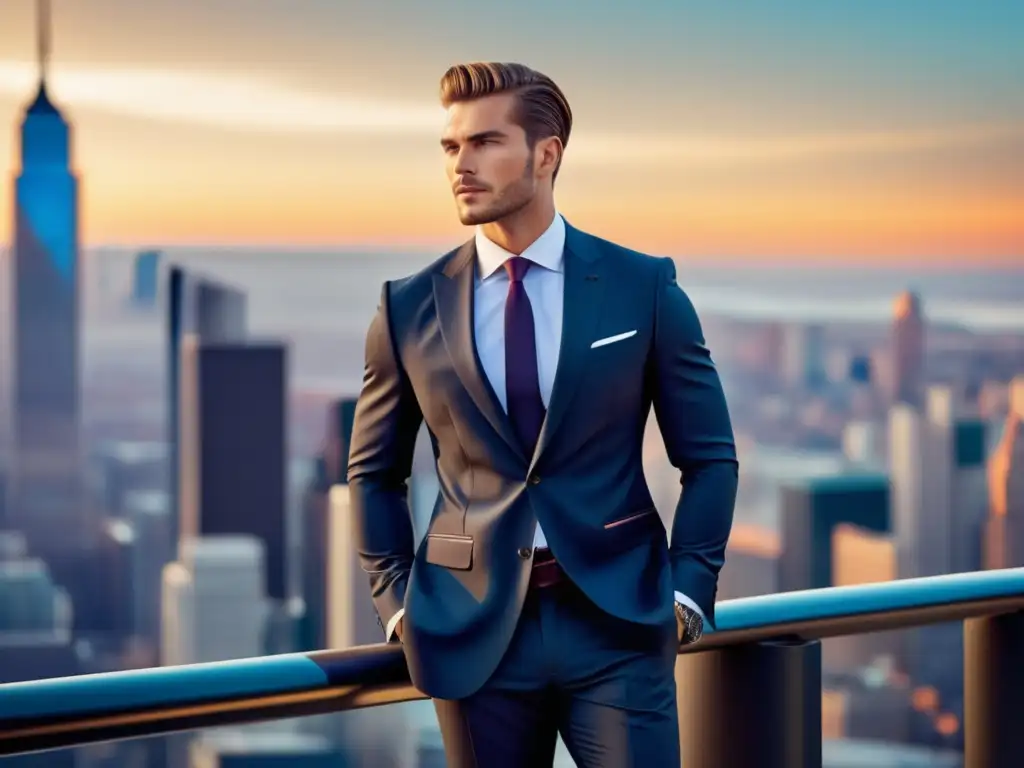 Posicionamiento en moda masculina efectivo: modelo masculino elegante en traje moderno, confiado frente a una ciudad vibrante