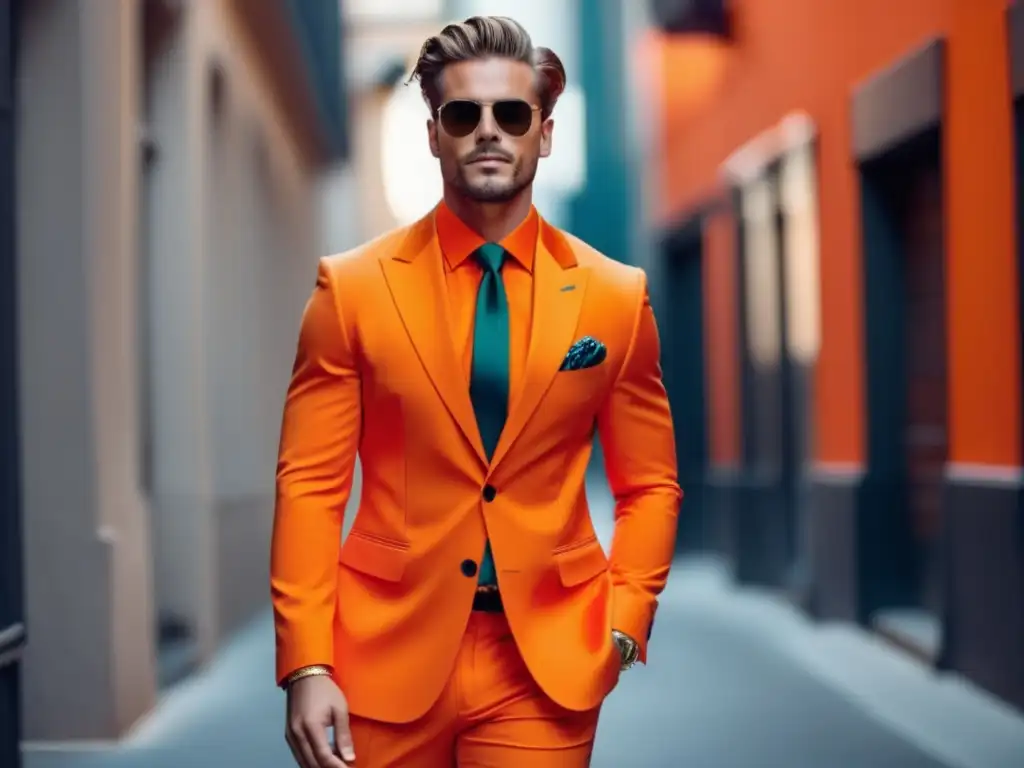 Hombre elegante en traje naranja, resalta la energía y creatividad