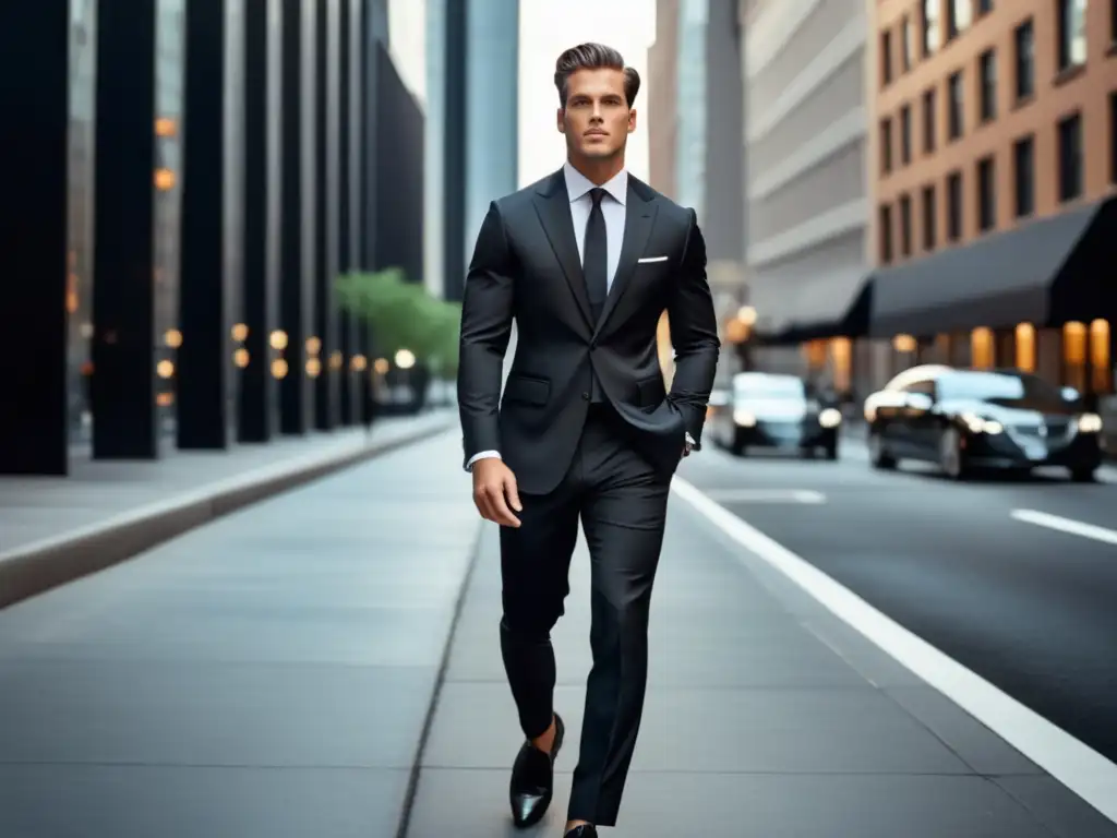 Hombre elegante en traje negro, con camisa blanca y corbata negra, en escenario urbano