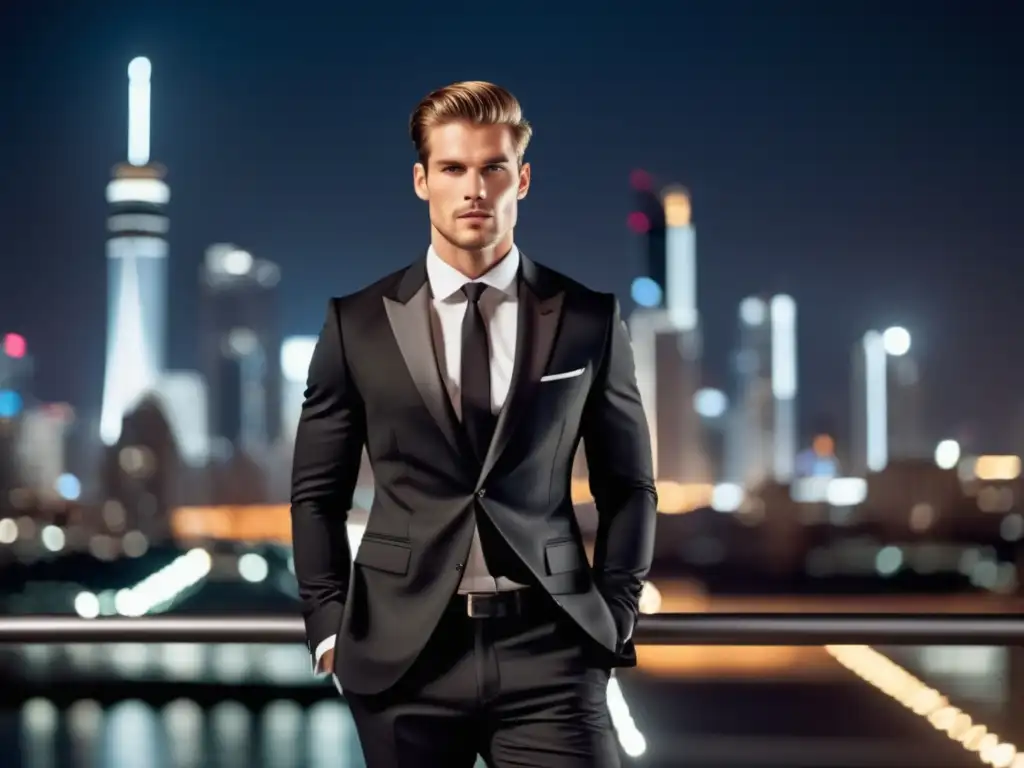 Estilos monocromáticos en moda masculina: modelo elegante en traje negro destacando en ciudad nocturna