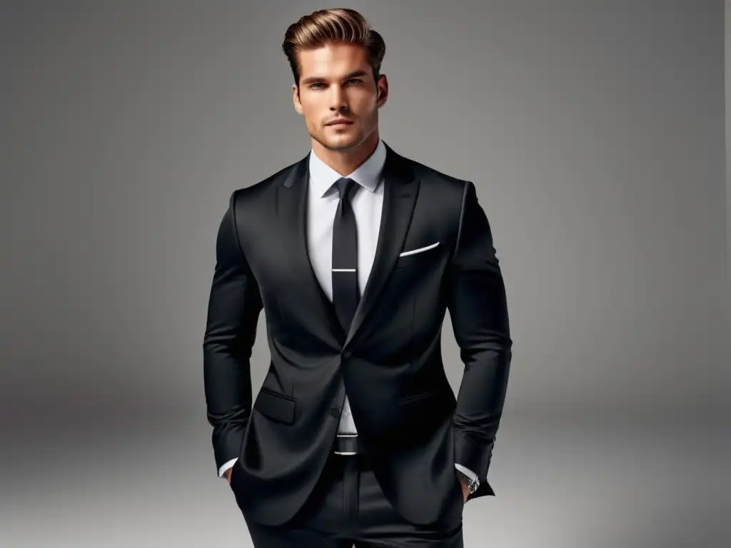 Fotografía de moda masculina práctica: modelo elegante en traje negro, fondo blanco, confianza y elegancia