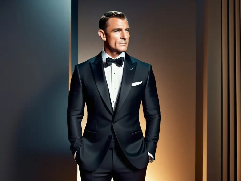 Tendencias moda masculina cine: Imagen elegante de actor en tuxedo negro, evocando a James Bond, con fondo minimalista y aire de elegancia atemporal