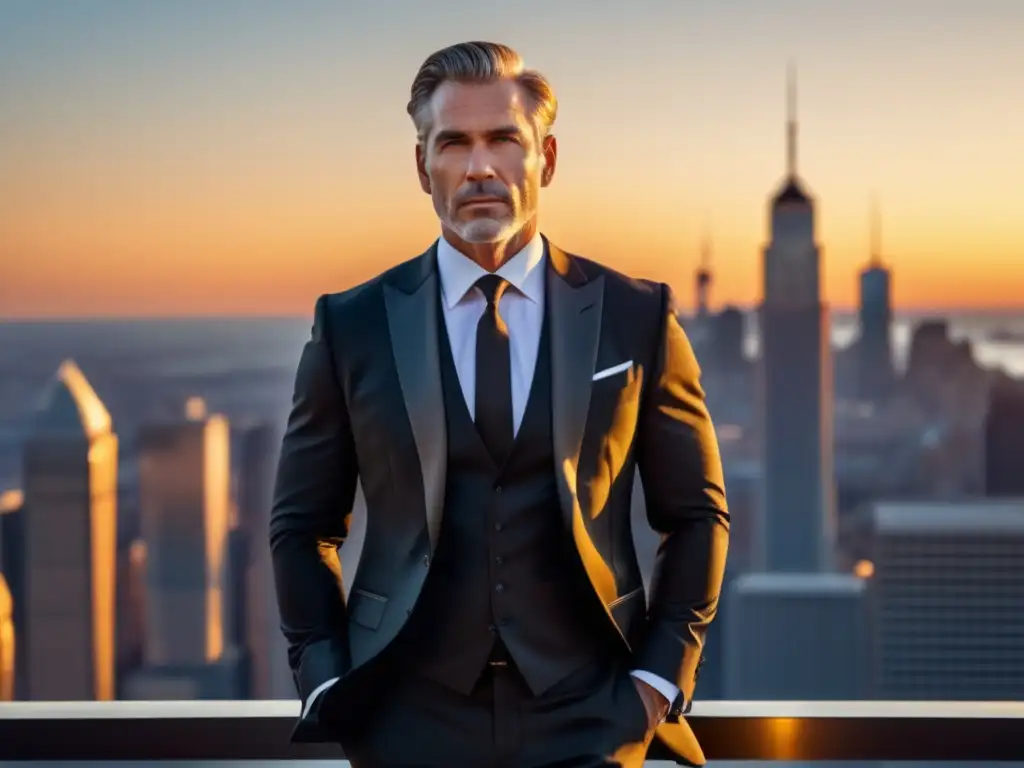 Tendencias de moda masculina madura con elegante hombre en traje negro frente a una ciudad moderna al atardecer