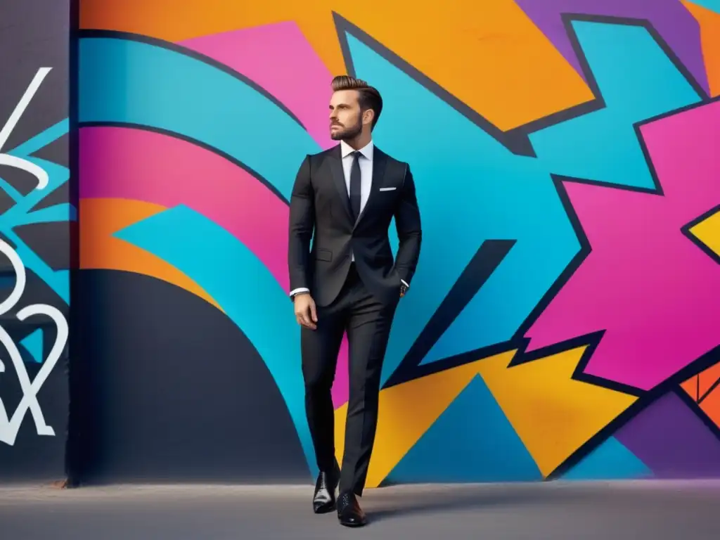 Hombre elegante y estilizado en traje negro, frente a una pared graffiti colorida