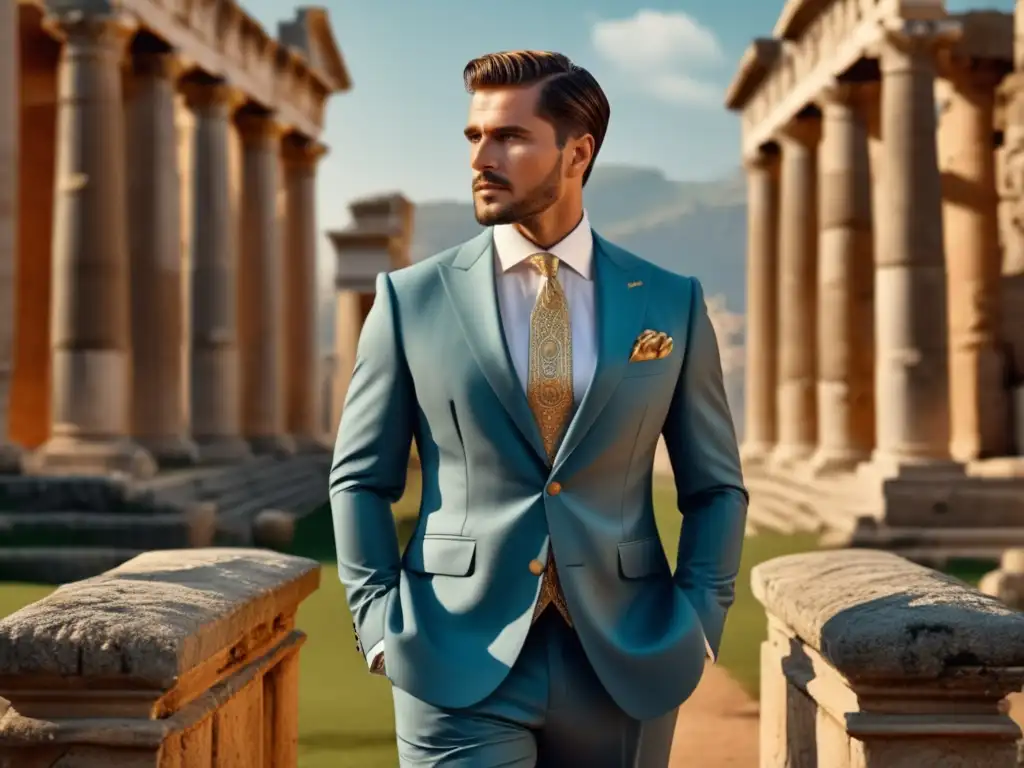 Evolución moda masculina: Imagen elegante de un hombre en traje romano, fusionando pasado y presente, con tonos terrosos y vibrantes