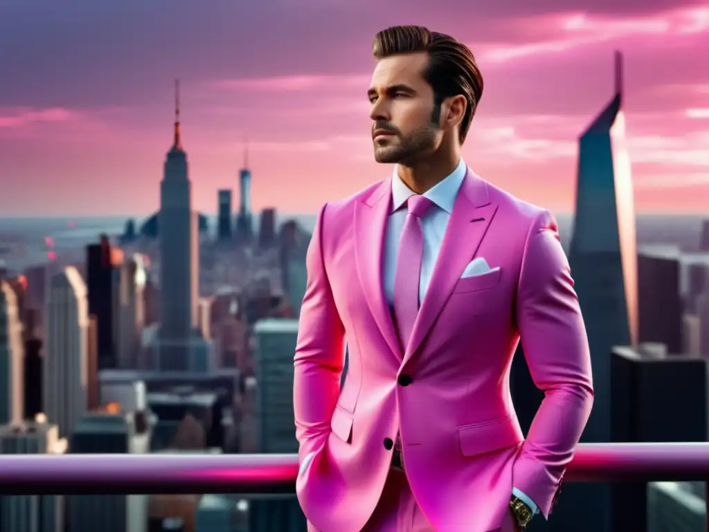 Hombre elegante en traje rosa desafiando estereotipos de moda masculina