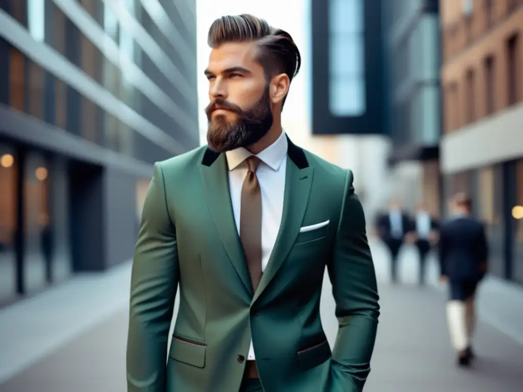 Modelo masculino elegante en entorno urbano moderno, destacando moda sostenible y cuidado personal