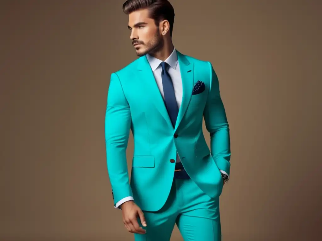 Modelo masculino con traje turquesa, resalta elegancia y beneficios del color turquesa en moda masculina