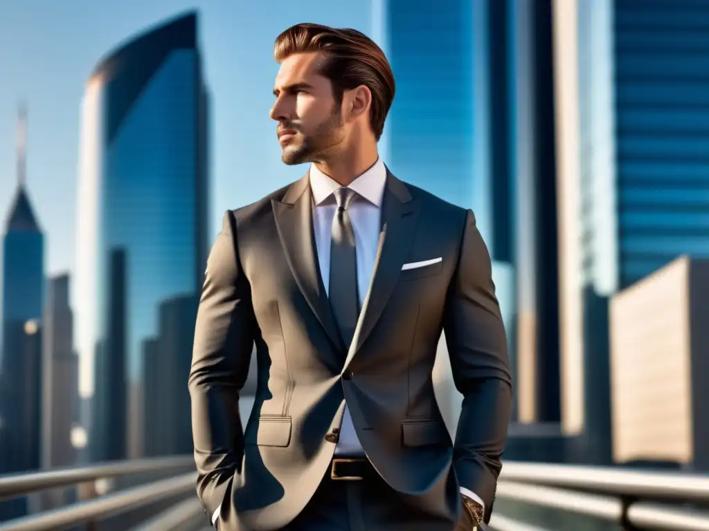 Fotografía de estilo masculino elegante: hombre en traje moderno frente a un paisaje urbano sofisticado