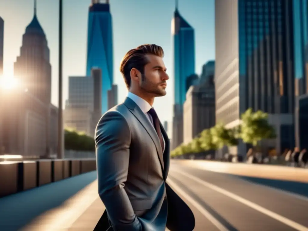 Tendencias moda masculina redefiniendo elegancia: Hombre elegante en traje, caminando confiado por la ciudad moderna