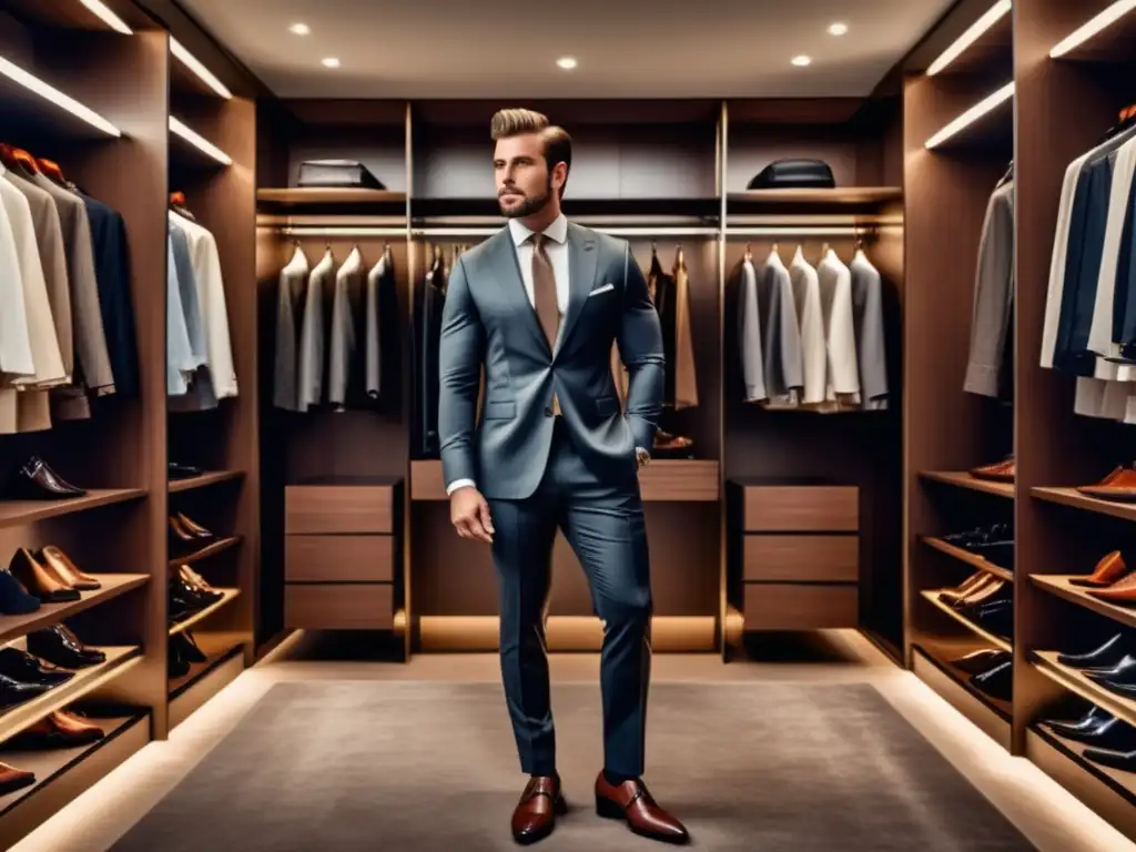 Moda masculina y autoestima: hombre elegante y seguro de sí mismo en un lujoso vestidor lleno de moda de calidad