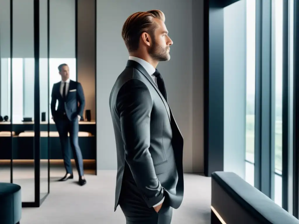 Hombre elegante reflexionando en un vestidor minimalista