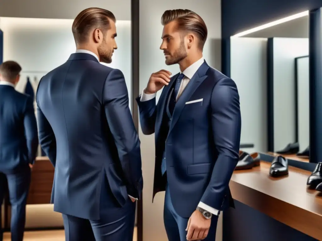 Hombre elegante y seguro en moderno vestidor, ajustando traje a medida en espejo de cuerpo entero