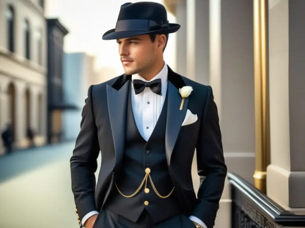 Moda masculina en The Great Gatsby: Dapper hombre en tuxedo negro, camisa blanca, corbata negra, sombrero fedora y accesorios elegantes