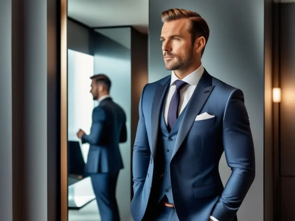 Hombre seguro, elegante y bienvestido frente a espejo moderno