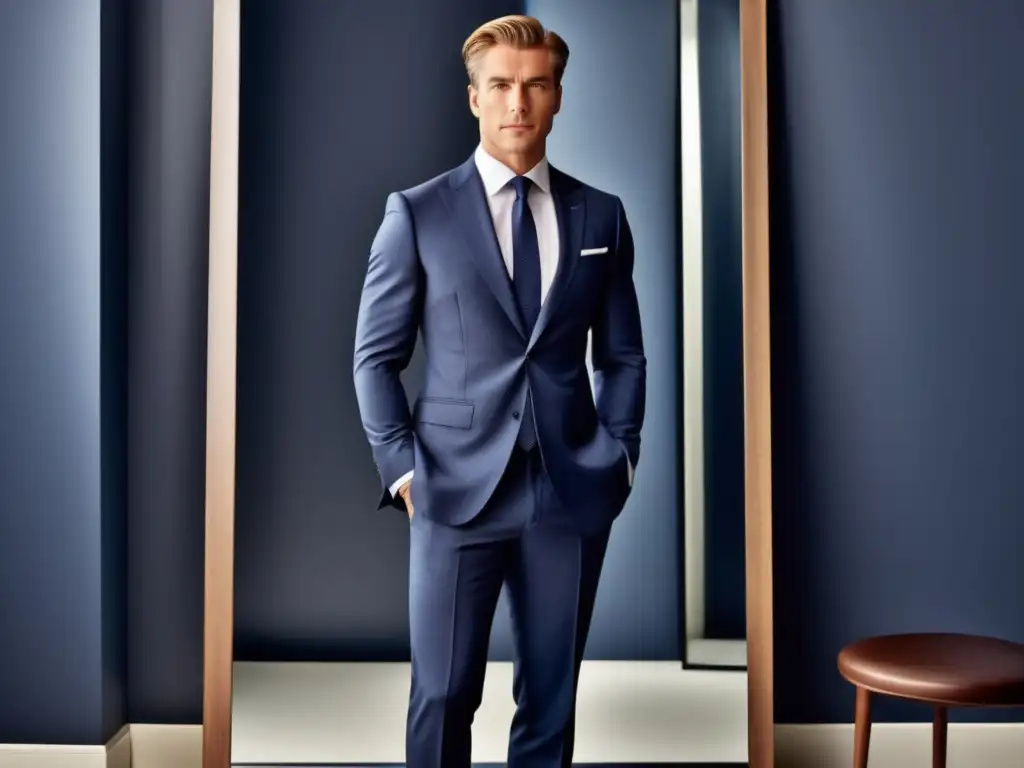 Hombre elegante en espejo con traje azul y rayas, reflejando importancia de imagen personal en hombres