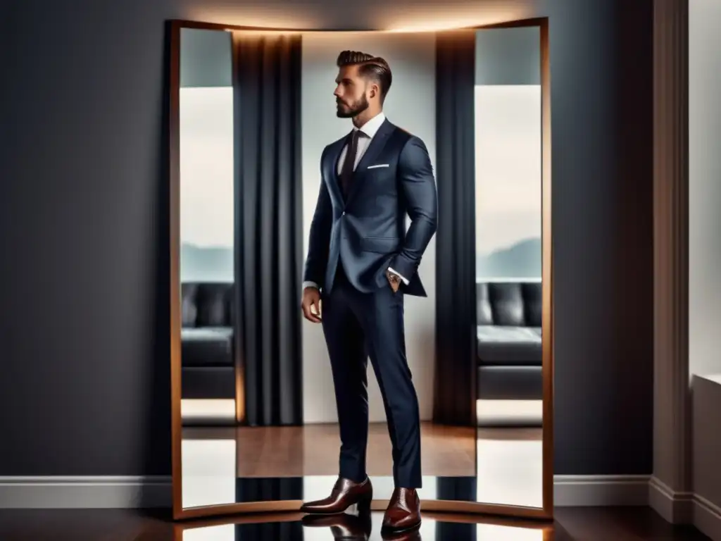 Hombre elegante en traje moderno frente al espejo, reflejando identidad y estilo - Importancia moda masculina identidad