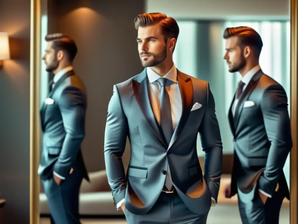 Influencia de moda masculina: hombre sofisticado y elegante con traje perfecto, reflejado en un espejo, irradiando confianza y positividad