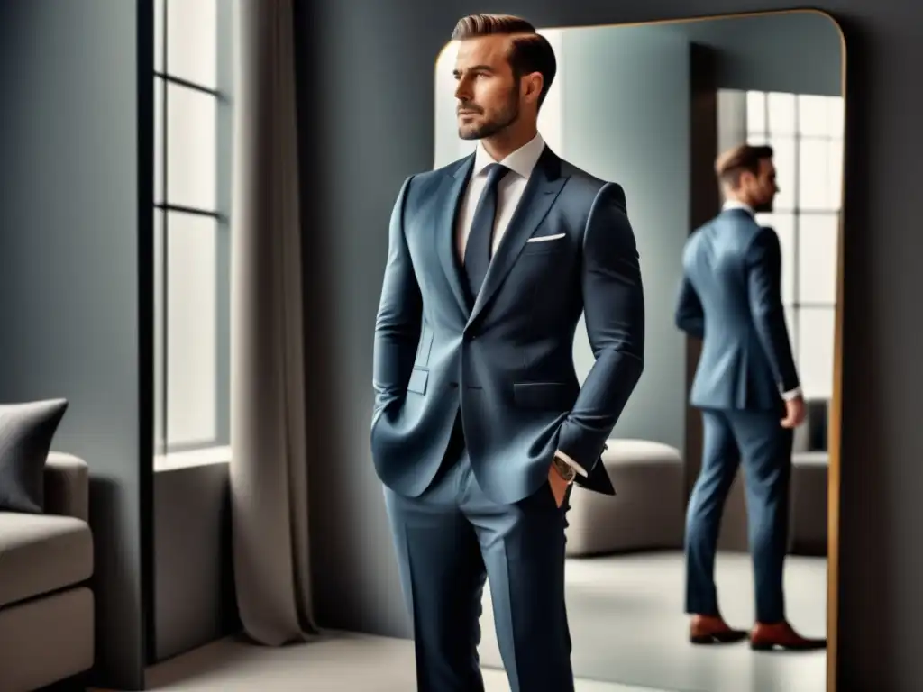 Moda masculina para aumentar confianza: Hombre elegante en traje, reflejado en espejo de cuerpo entero, transmitiendo seguridad y sofisticación