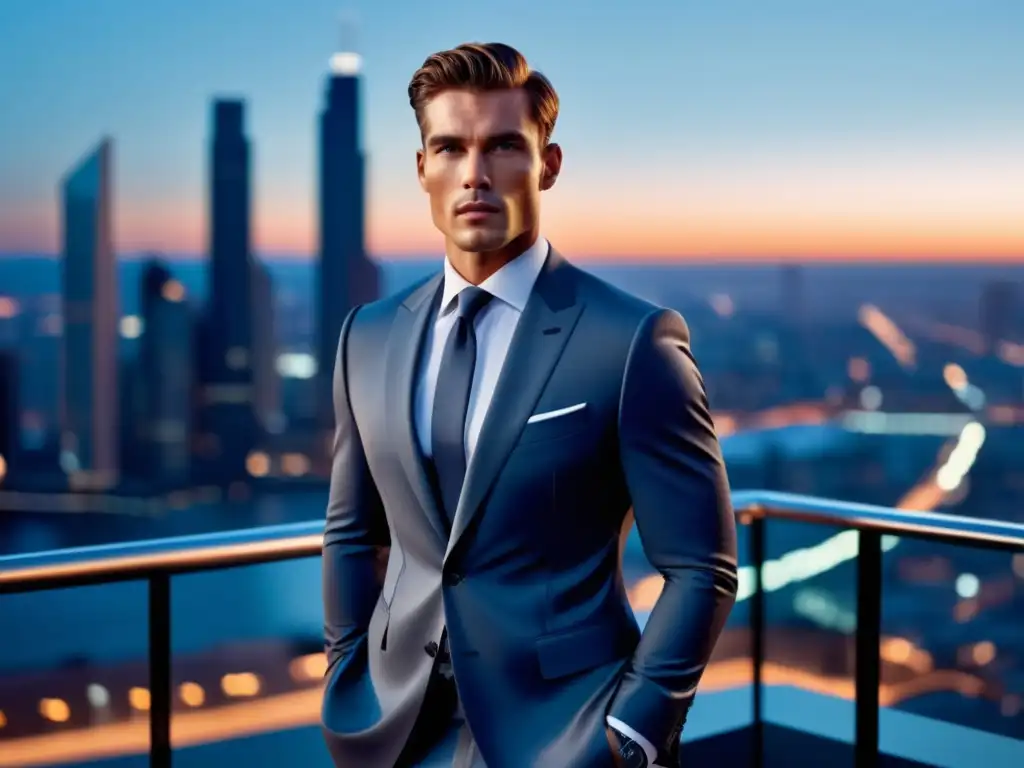 Tendencias moda masculina Hugo Boss: Modelo masculino en traje elegante de Hugo Boss, frente a una ciudad contemporánea al atardecer