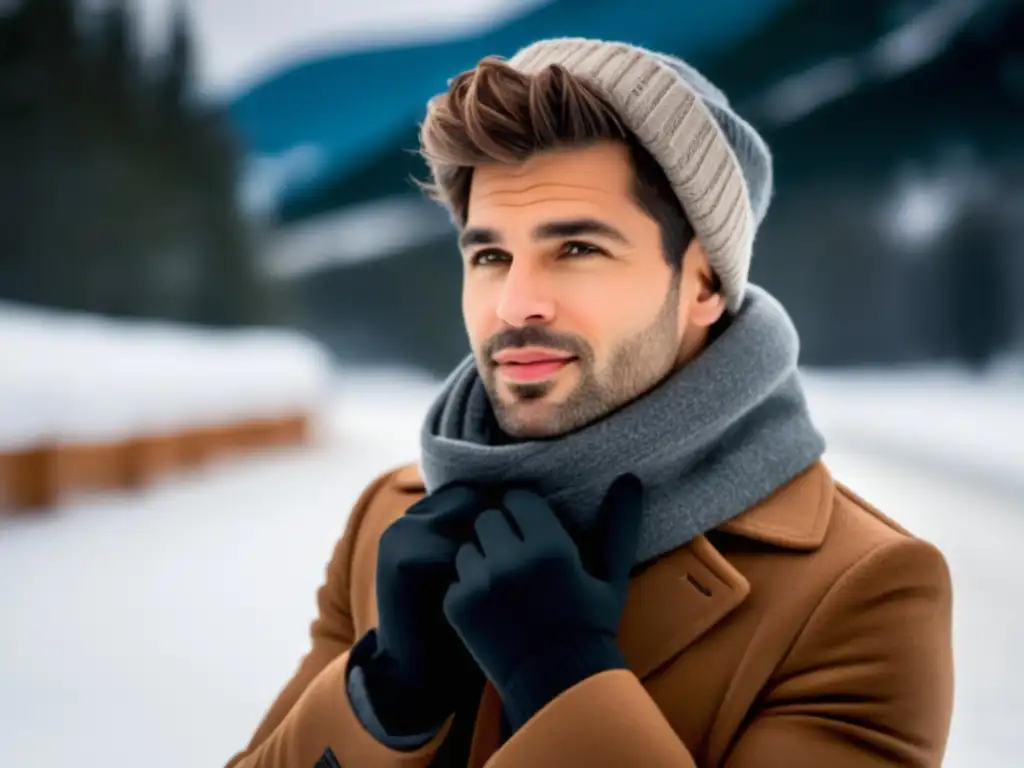 Hombre elegante con atuendo invernal en paisaje nevado