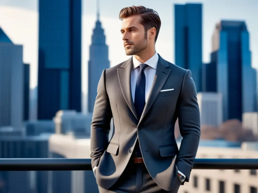 Moda corporativa invierno hombres: Hombre profesional elegante en traje de invierno, con fondo de ciudad moderna y edificios icónicos