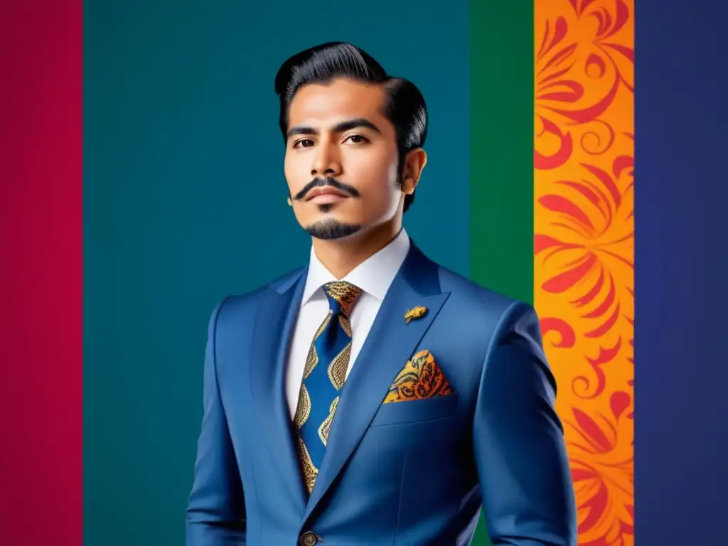 Tendencias moda masculina México: Hombre mexicano elegante fusiona moda y tradición en vibrante fondo cultural