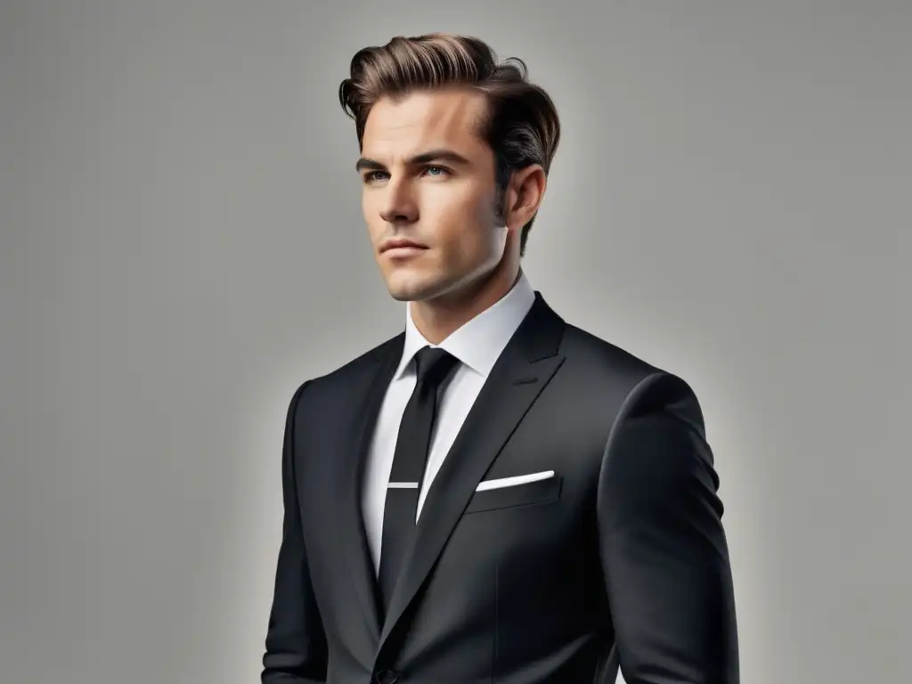 Tendencias moda masculina minimalista: elegante hombre, traje negro ajustado, fondo blanco limpio